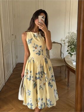 Reformation Romantic Floral Bubble Hem Mini Dress Yellow Blue Size 2